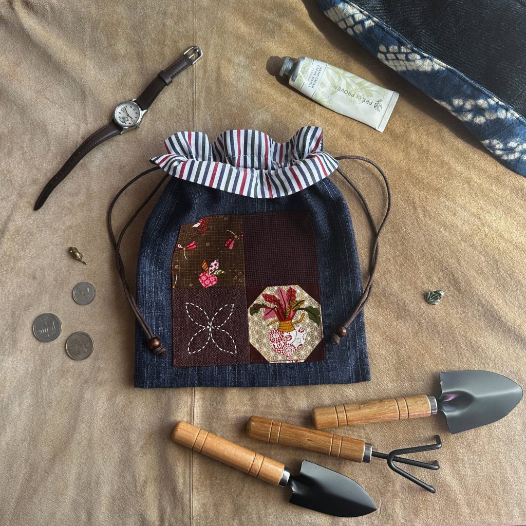 Handmade denim drawstring bag in Japanese style, a thoughtful mindful gift